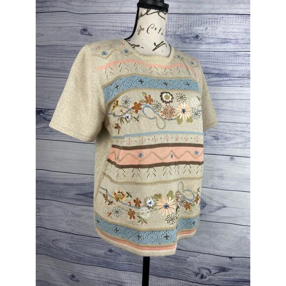 Alfred Dunner Embroidered Sweater Women PM Short Sleeve Crew Neck Floral Grandma - Picture 4 of 11